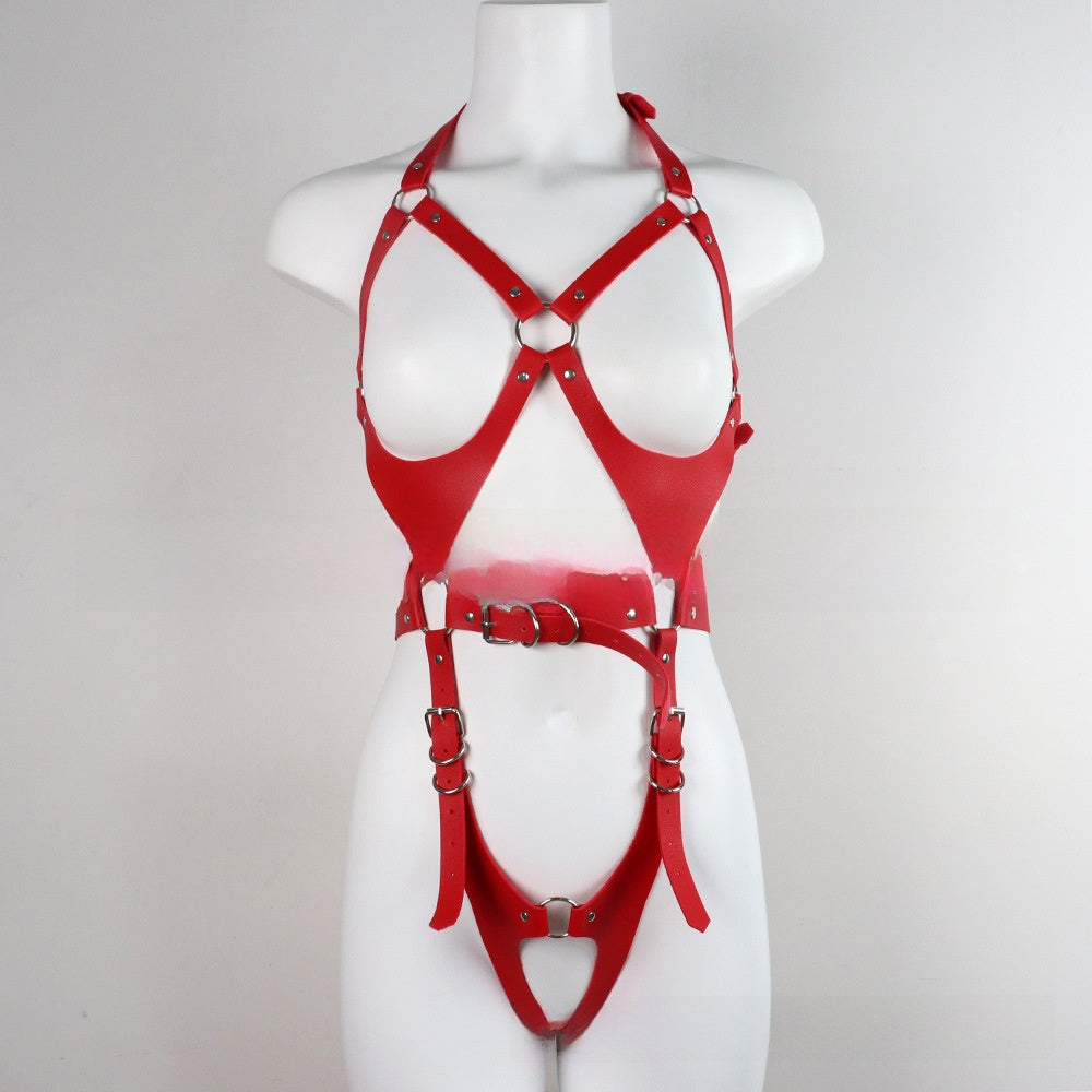 Adjustable PU Leather Lingerie with Lace Details