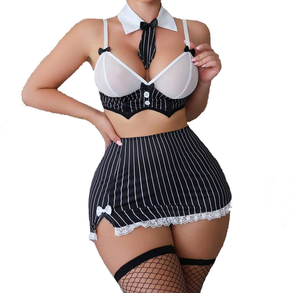 Sexy Striped Bow Mini Skirt Lingerie Set